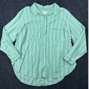 Ava & Viv Womens 1X Green White Striped Button Down Shirt Long Sleeve F00384362